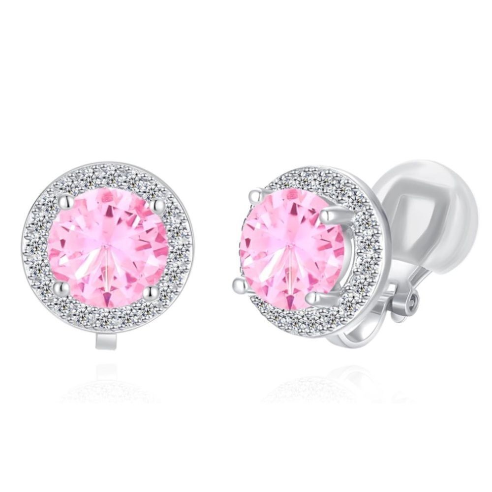 Silver with Pink Sapphire and White Diamond Cubic Zirconia Stud Clip On Earrings